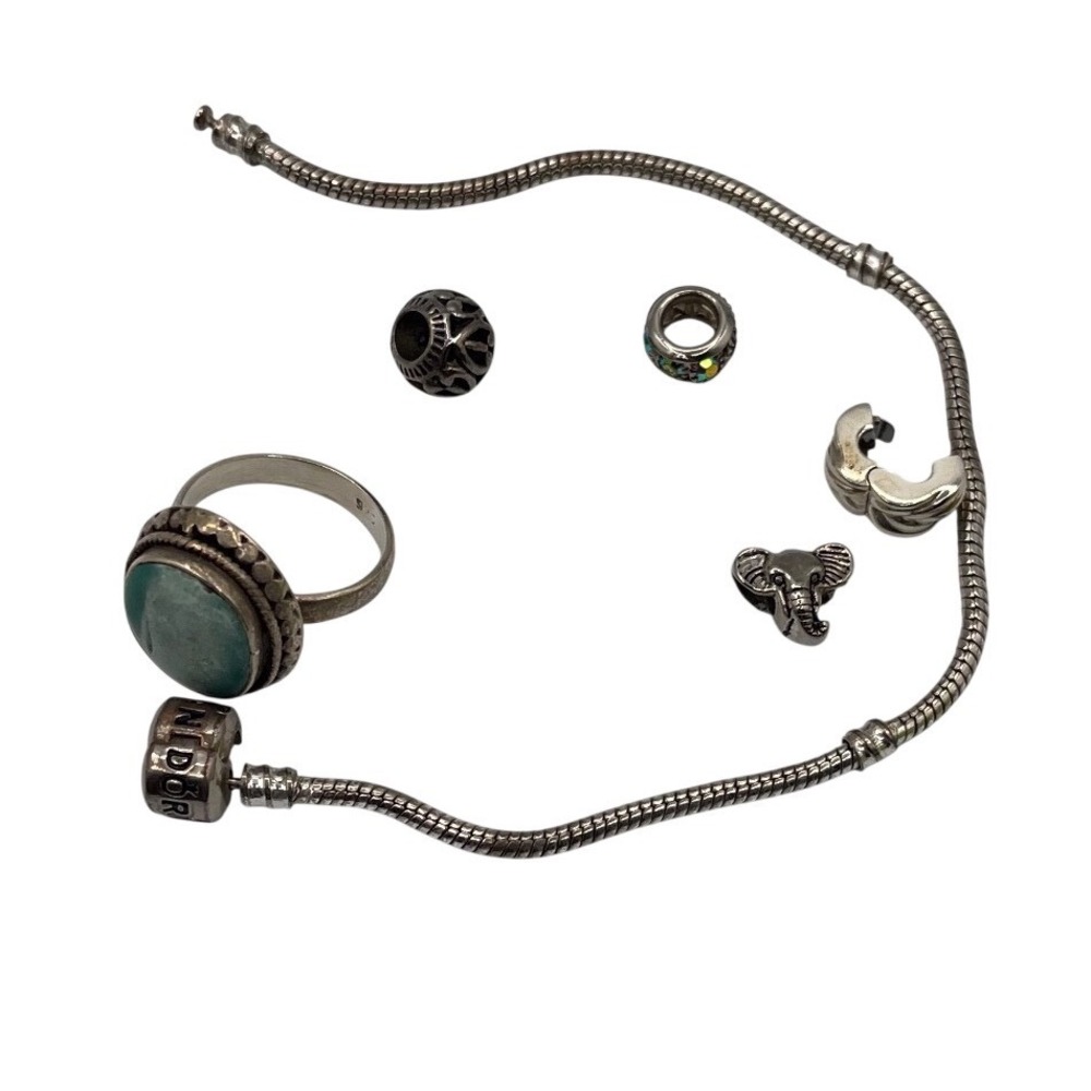 Pandora Sterling Silver Snake Chain Bracelet Charms and Turquoise Ring Lot